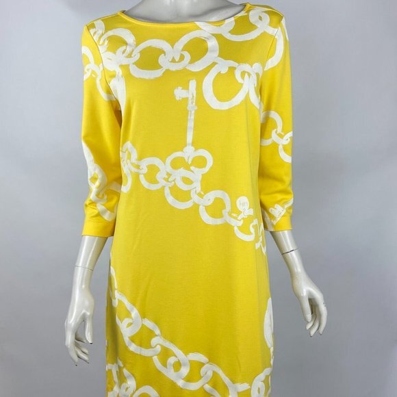 Lilly‎ Pulitzer Jonah Shift Dress Women L 3/4 Sleeve Stretch Yellow Chain Key